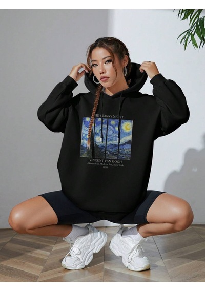 Unisex Oversize Van Gogh Baskılı Kapüşonlu Siyah Sweatshirt Siyah
