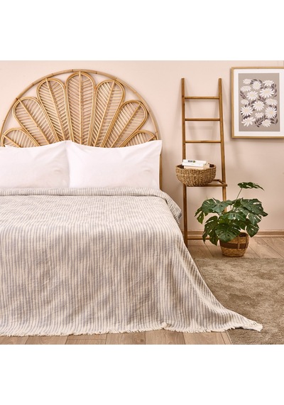 Soft Çift Kişilik Çizgili Yatak Örtüsü - Gri - 225x250 Cm Renkli