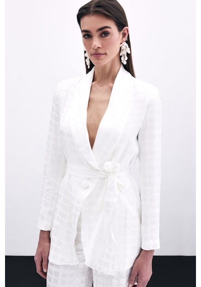 Sateen Kare Desenli Kuşaklı Ceket - Ekru-135791 Ekru