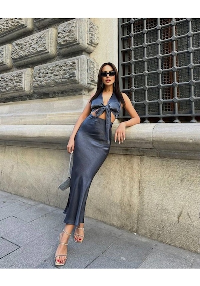 Fashion Cocktail Önden Bağlama Crop Parlak Saten Dizaltı Etek Takım Antrasit