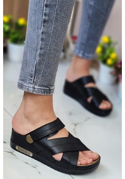 Neon Shoes Kadın Günlük Terlik Terletmeyen Anatomik Ortopedik Taban Suni Deri Anne Dışarı Ev Terliği 3005-07 001