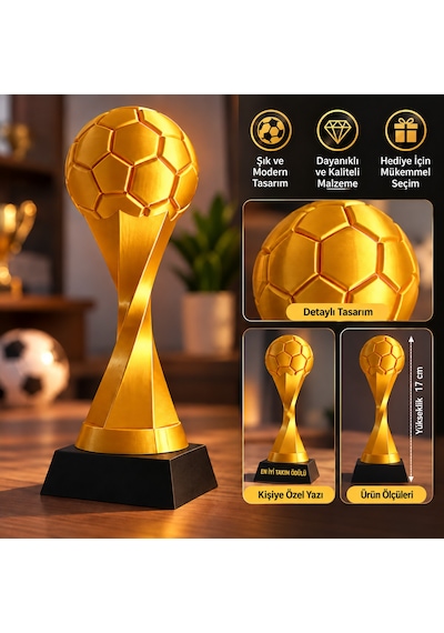 Kişiye Özel Futbol Topu Ödül Kupası İsim Yazılabilir Dekoratif Kupa Altın - Siyah