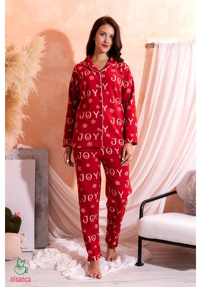 Nisanca Kışlık Yılbaşı Desenli Kadın Gömlek Polar Pijama Takımı- Geyikli Yılbaşı Pijaması Kırmızı