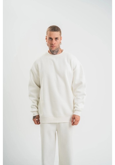 Erkek Uzun Kol Bisiklet Yaka 3 İplik Pamuklu Kışlık Sweatshirt - Beyaz Beyaz