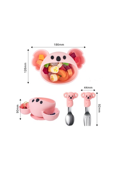Pembe Koala Premium Çocuk Vakumlu Silikon Beslenme Mama Kase, Paslanmaz Çelik Çatal-kaşık 9+ Ay