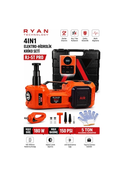 5 Ton Hidrolik Araç Krikosu 12v 4in1 Elektrikli Kriko Seti Hava Kompresörü Bijon Sökme Anahtarı Lastik Değiştirme Led Rj-5t Pro