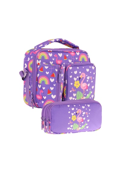 Kaukko Kids Kız Çocuk Pembe Mor Flamingo Üç Bölmeli Thermo Beslenme Çantası Ve Kalemlik Seti L7226+l8226 Mor - Yeşil