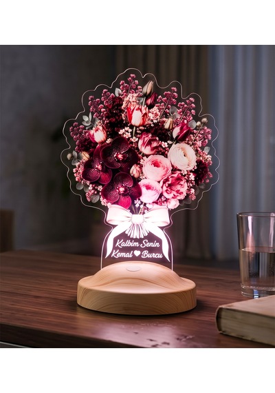 Bordo Orkide Çiçek Buketi Led Lamba - Pudra Buket Kişiye Özel Işıklı Eşe Sevgiliye Yıldönümü Hediyesi Çiçek Lambası Bordo Orkide Buketi