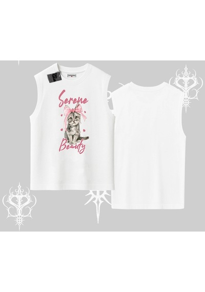 Tarzsokak Serene Beauty Kedi Baskılı Kolsuz Tshirt Beyaz