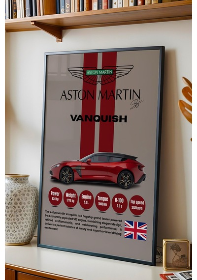 Aston Martin Vanquish Araba Tablosu - Teknik Özellikli Otomobil Poster - Çerçeveli Duvar Dekoru Siyah