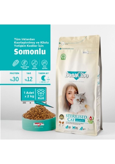 Bonacibo Sterilised Somonlu Kedi Maması 2 Kg & Sığır Etli Soslu Konserve Seti 6x400 Gr
