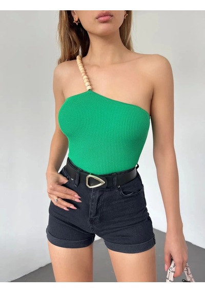 Saklımoda Ahşap Boncuk Detaylı Askılı Triko Bluz Yeşil - Df2303 Çok Renkli