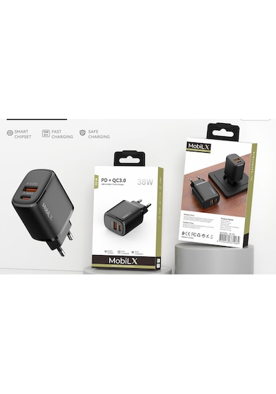Mobilx M-02 38w Çift Portlu Pd + Qc 3.0 Hızlı Şarj Adaptörü Usb-a & Type-c
