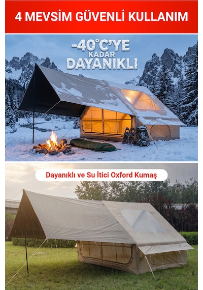 Rovos 6 Kişilik Şişme Kamp Çadırı, 4 Mevsim Su Geçirmez Oxford Kumaş, Tenteli Ve Sineklikli Pencere, Kolay Kurulum Lüks Aile Çadırı 300x210x200 Cm, 6.3 M² Bej