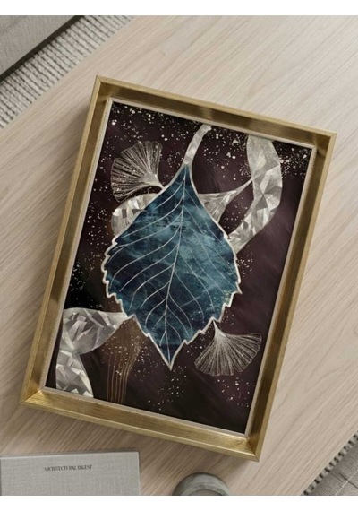 Ginkgo Yaprağı Desenli Dekoratif Tepsi & Çerceveli Çay Kahve Sunum Tepsisi