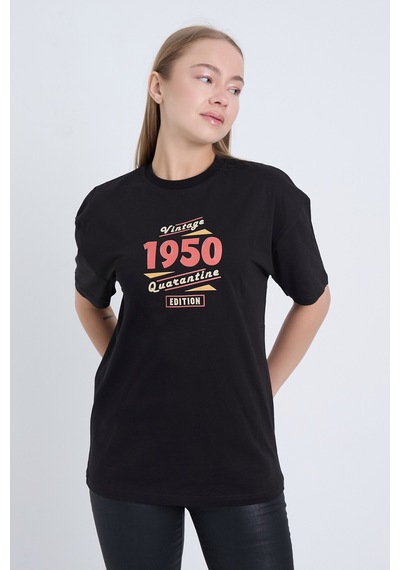 Kadın Oversize Baskılı T-shirt Siyah Vintage 1950 SIYAH