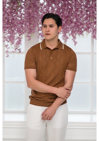 Advante Slimfit Kolları Lastikli Likralı Desenli Polo Yaka Triko T-shirt Taba