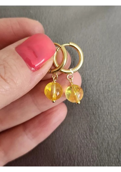 Sitrin Taşı Gold Çelik Halka Küpe Sarı