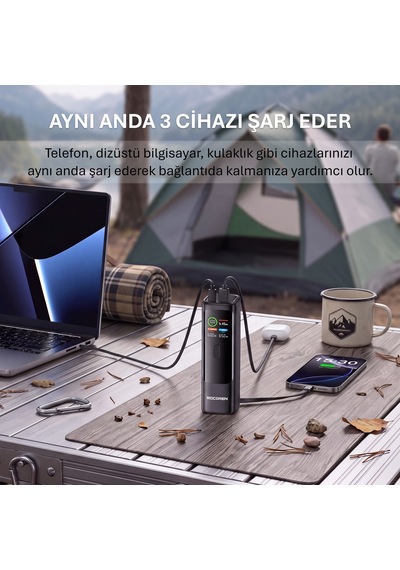 Rocoren 20000mah 100w Powerbank Dijital Ekranlı Hızlı Şarj Dahili Type-c Kablo + Usb-c + Usb-a Macbook, Tablet Ve Telefonlarla Uyumlu Taşınabilir Şarj Cihazı Siyah