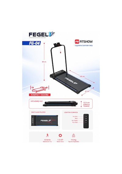 Fegel FG-04 FitShow Destekli Katlanabilir Uzaktan Kumandalı Koşu ve Yürüyüş Bandı