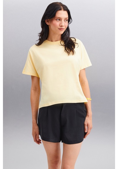 Grimelange Lottıe Kadın %100 Organik Pamuklu Regular Kalıp Bisiklet Yaka Basic Kısa Kollu Sarı T-shirt