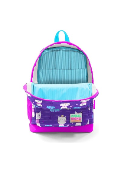 Coral High Kids Mor Pembe Kedi Desenli Dört Bölmeli USB Şarjlı Kulaklık Çıkışlı Okul Sırt Çantası 23264