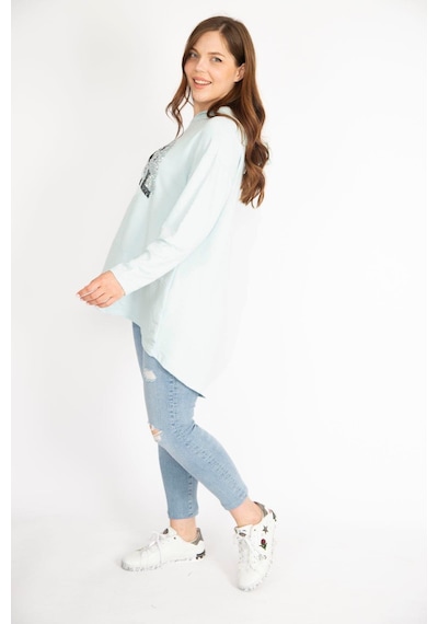 Şans Kadın Bebe Mavisi Büyük Beden Payet Detaylı Kapşonlu Arkası Uzun Sweatshirt-bebe Mavisi Bebek Mavisi