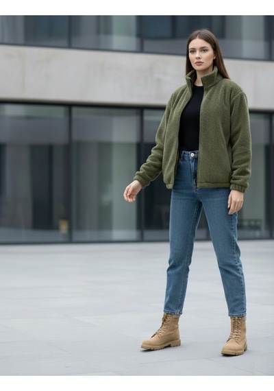 Kadın Oversize Peluş, Polar, Fermuarlı, Teddy Dik Yaka, Sıcak Tutucu Yumuşak Kışlık Ceket Haki