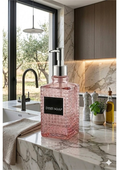 Premium Kare Desenli Silver Pompalı Cam Sıvı Sabunluk 500ml - 23 X 7 X 7 Cm Pembe
