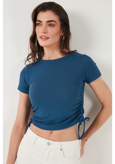 Lela Yanlardan Büzgülü Kısa Kollu Crop Bayan Bluz 5864010 Indigo