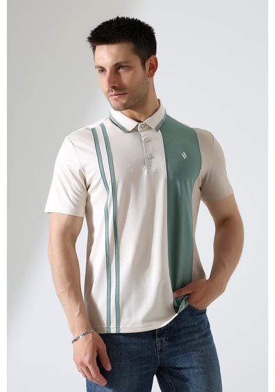 Rıbana Classıc Erkek Çizgili Şerit Detaylı Pamuklu Polo Yaka T-shirt Ekru