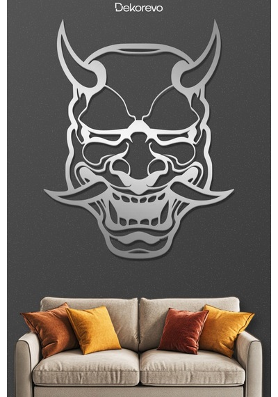 Japon Oni Maskesi Metal Duvar Tablosu - Metal Duvar Sanatı - Krom - 60 X 75 Cm