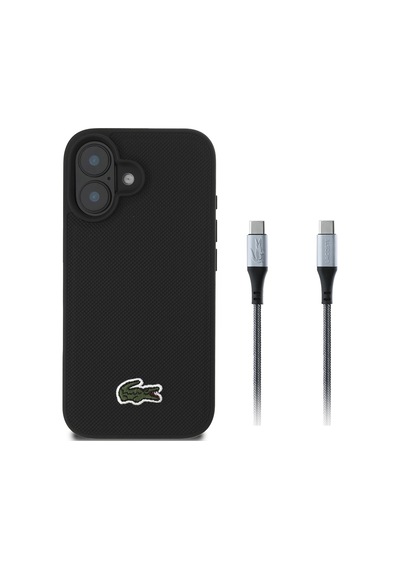 Apple Uyumlu iPhone 16 Kılıf Lacoste Lisanslı Pu Pike Desenli Timsah Logolu Ve Type-c Kablo 1.5m Siyah