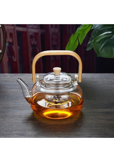 Bambu Saplı Isıya Dayanıklı Borosilikat Cam Süzgeçli Demlik 1000ml, Isıya Dayanıklı Cam Bitki Çayı Demliği 1 Diğer