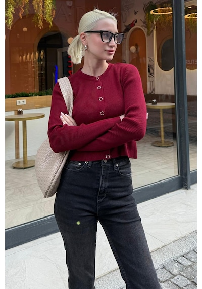 Madmext Bordo Çıt Kapamalı Triko Kadın Hırka Mg2579 Bordo