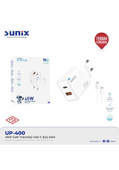 Sunix 45w Akıllı Şarj Ve Gan Teknolojisi Type-c Girişli Tüm Cihazlar Samsung İphone Xiomi Serisi Ce Lisanslı Şarj Cihazı Yeni Nesil Son Teknoloji Adaptör + Kablo Set Sunix 45w Akıllı Şarj Ve Gan Teknolojisi Type-c Girişli Tüm Cihazlar Samsung İphone Xiomi Serisi Ce Lisanslı Şarj Cihazı Yeni Nesil Son Teknoloji Adaptör + Kablo Set