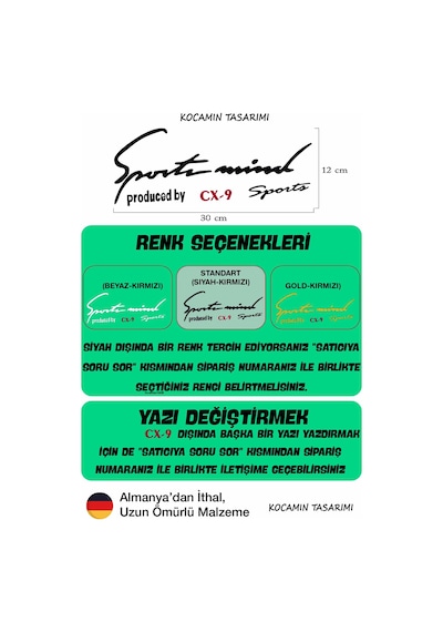 Mazda Cx-9 Sport Mind Far Şeridi Sticker Siyah Kırmızı Özel Tasarım Oto Aksesuarı Cx-9 Yazılı Siyah & Kırmızı
