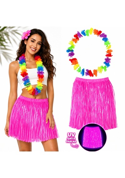 Go İthalat Neon Pembe Hawaii Etek 40 Cm Ve Rengarenk Hawaii Kolye