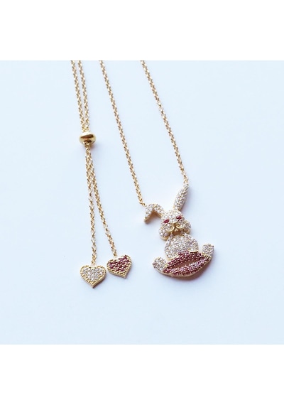 Zirkon Taşlı Gold Kaplama Asansörlü Bunny Gümüş Kolye Gümüş