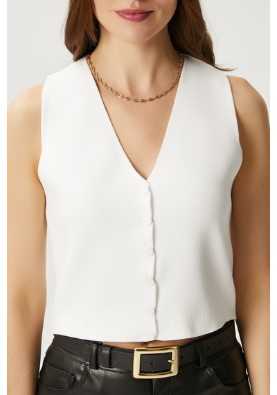 Ritnice Kadın Petite Çıtçıtlı Crop Krem Triko Yelek Krem