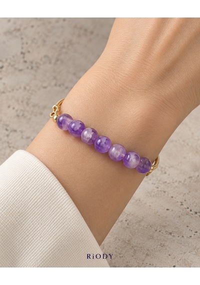 Riody Onde Violette Mor Yuvarlak Boncuklu Gold Renkli Dalgalı Metal Detaylı Zarif Kadın Bileklik Açık Mor