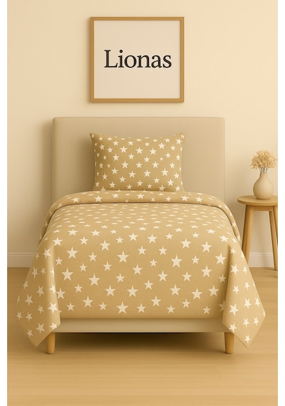 Lionas Tek Kişilik Desenli Nevresim + 1 Adet Kapaklı Yastık Kılıfı Koyu Bej
