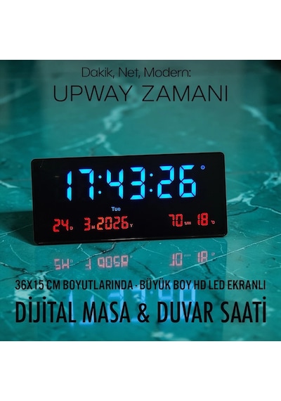 Upway 15 36 Cm Büyük Hd Led Dijital Duvar Saati Alarm Tarih Sıcaklık Nem Siyah