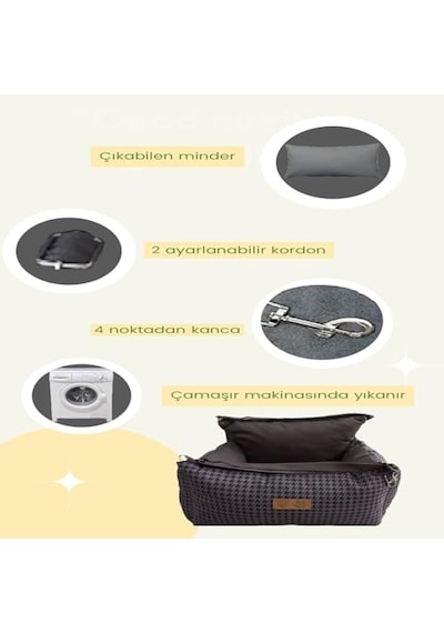 Köpek Oto Koltuğu- Seyahat Koltuğu-ayarlanabilir Çift Kordon-kedi Yatağı-taşınabilir Gri Kazayağı Small
