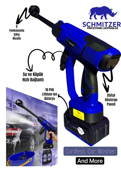 Schmıtzer Sch-2002m Pro 21v Brushless Motor Yüksek Basınçlı Şarjlı Oto Araba Yıkama Makinesi 3 Kademe Dijital Göstergeli 30