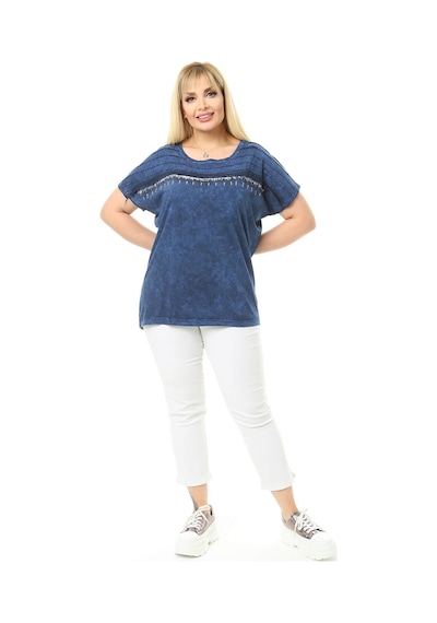 Mia Butik Büyük Beden Lacivert Omuzları Taş Detaylı Bluz-1060 Lacivert
