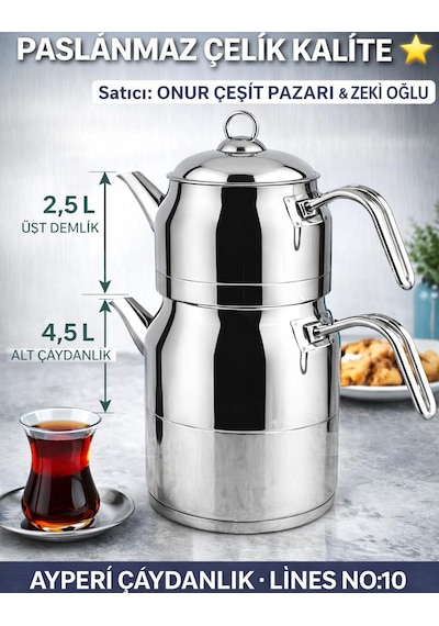 Lines Ayperi L-3040 Mega Boy Çaydanlık No:10 Paslanmaz Çelik Büyük Boy Çaydanlık Takımı 2.5 L + 4.5 L Krom