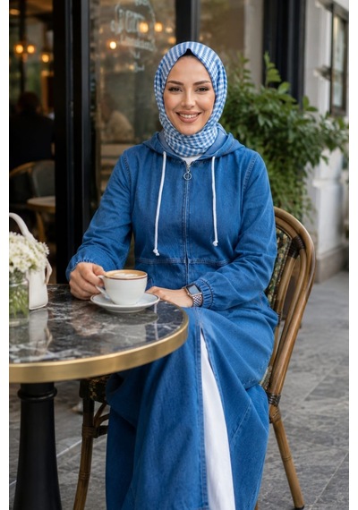 Hb Harma Time Butik Kadın Kapüşonlu Fermuarlı Cepli Kot Koyu Mavi Kap