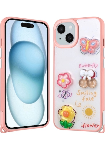Apple Uyumlu iPhone 14 Plus Kılıf Parlayan Sıvılı Simli Kabartma Figürlü Zore Cevze Kapak