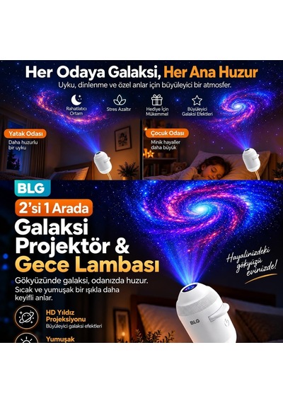 2'si 1 Arada Galaksi Projektör Gece Lambası 360 Esnek Boyunlu Usb Led Yıldız Projeksiyon, Ayarlanabilir Işık